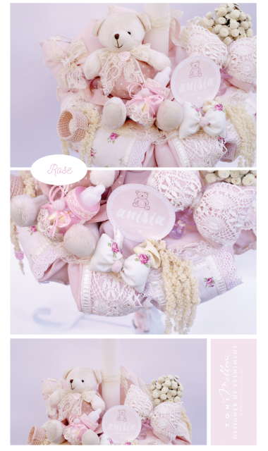 Lumanare de botez pentru fete, cu flori si ursuleti, 65x4 cm, Baby Charm 2